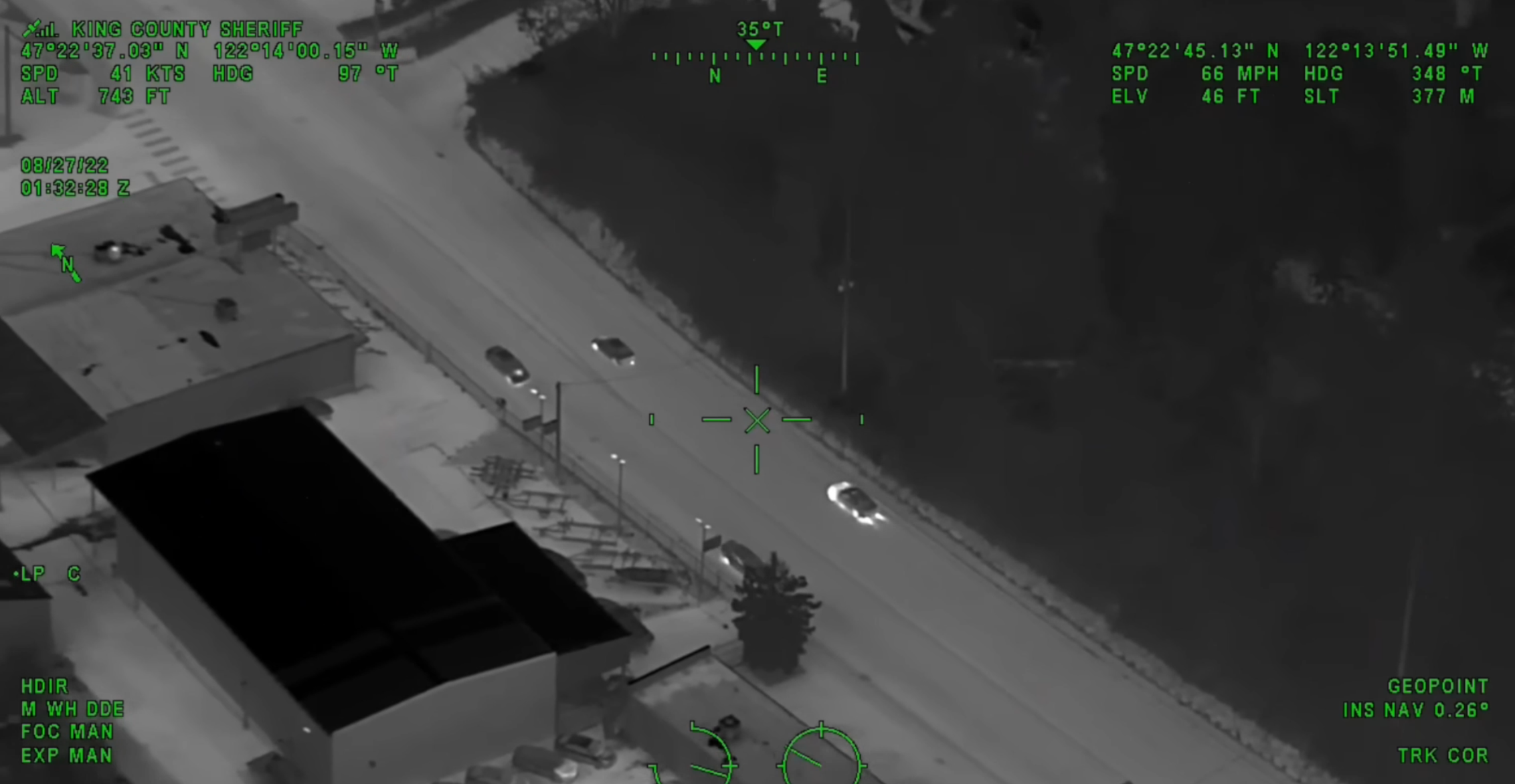 Thermal image of a vehicle pursuit take from a helicopter