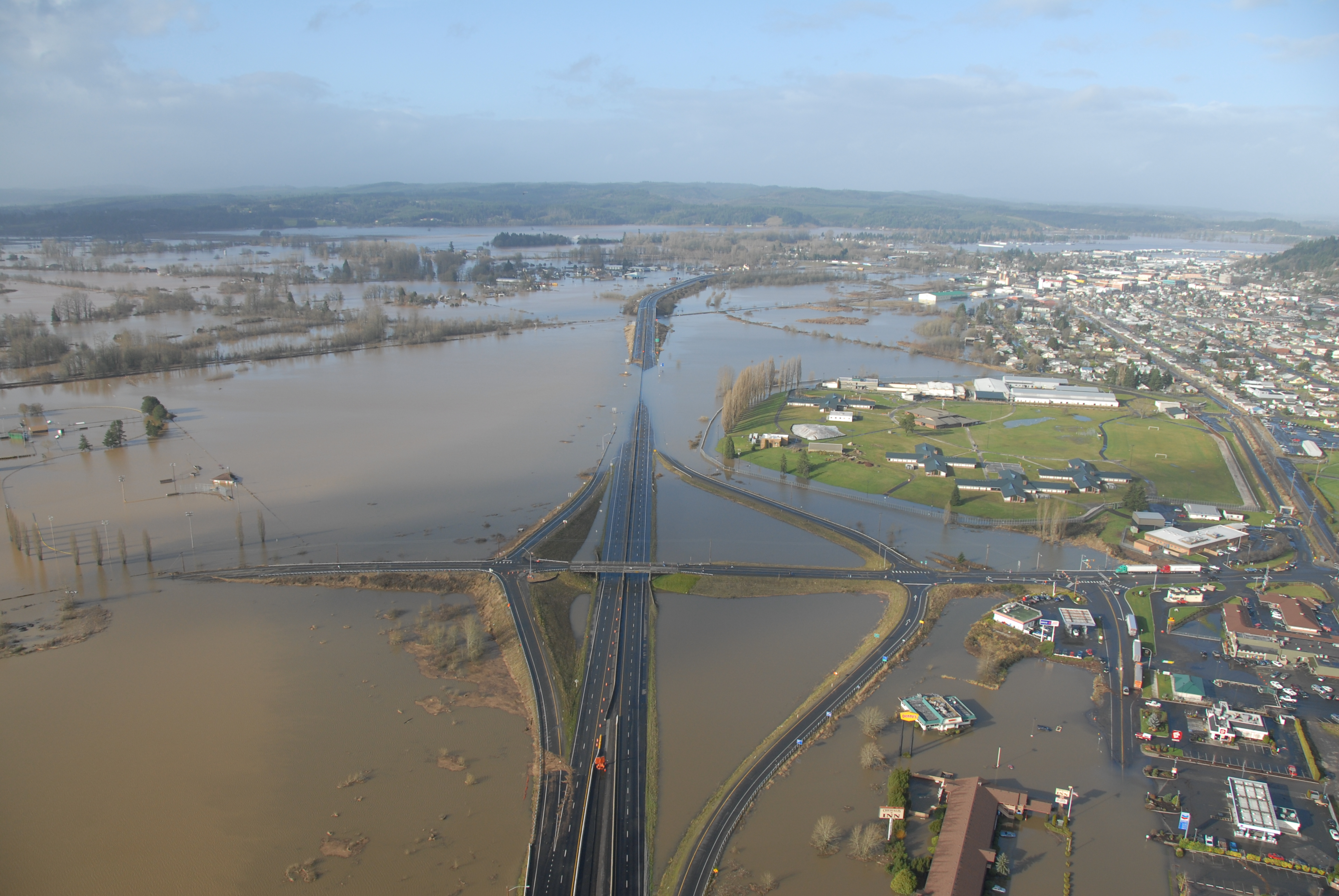 Interstate 5 and multiple properties are underwater during the 2007 Chehalis River flood.