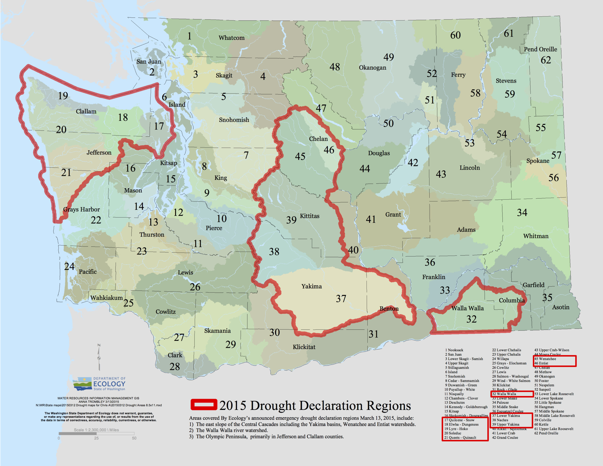 Areas of Washington affected by a 2015 drought emergency declaration. (Department of Ecology)